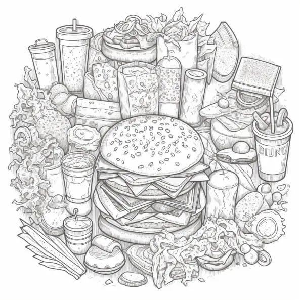 Tranh tô màu đồ ăn nhanh cute một bản vẽ đen trắng của chiếc bánh hamburger được bao quanh bởi các mặt hàng thực phẩm