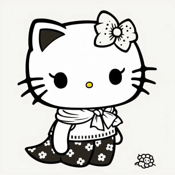 Tranh tô màu hello kitty có một bản vẽ của chú mèo con với cái nơ trên đó