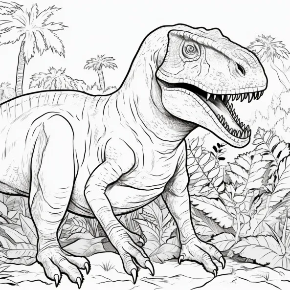 Tranh tô màu khủng long bạo chúa bản vẽ đen và trắng của t-rex trong rừng