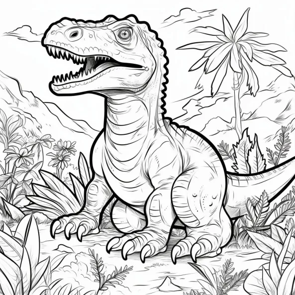 Tranh tô màu khủng long bạo chúa một bản vẽ của t-rex đứng trong rừng