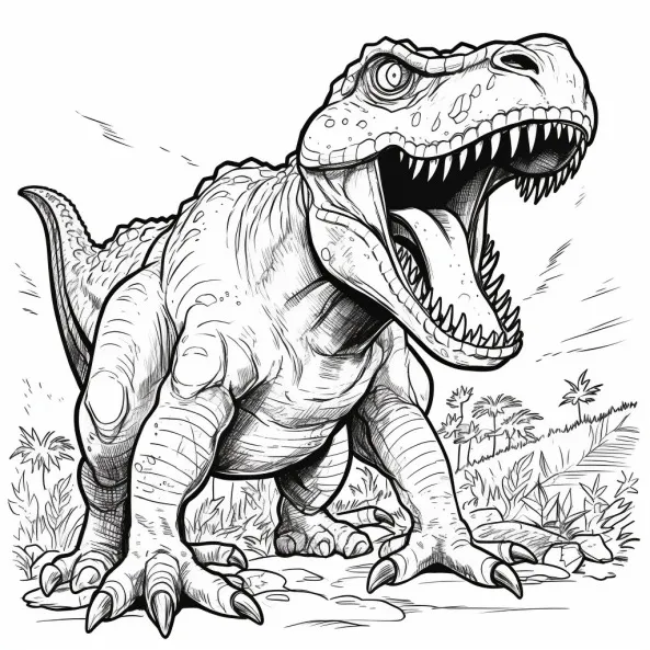 Tranh tô màu khủng long bạo chúa một bản vẽ đen và trắng của t-rex với miệng mở