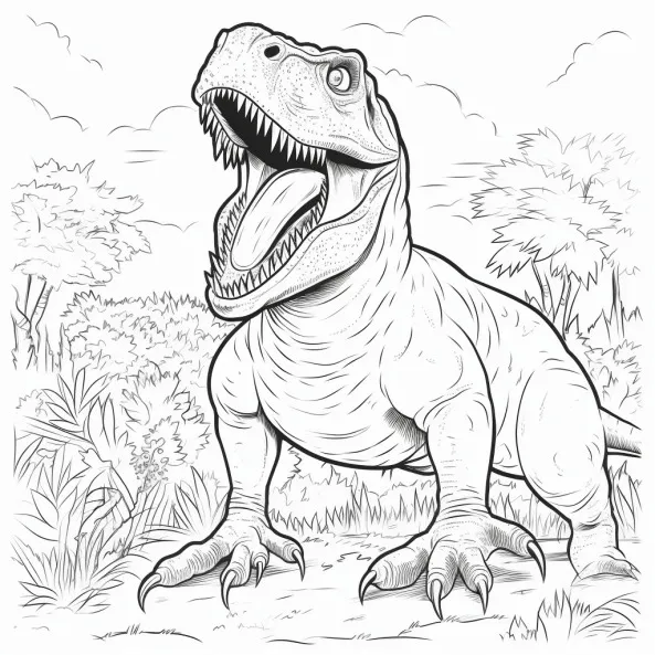 Tranh tô màu khủng long cho bé một bản vẽ của t-rex đứng trên cỏ