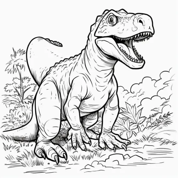 Tranh tô màu khủng long cho bé một bản vẽ của t-rex đứng trên cỏ với miệng mở