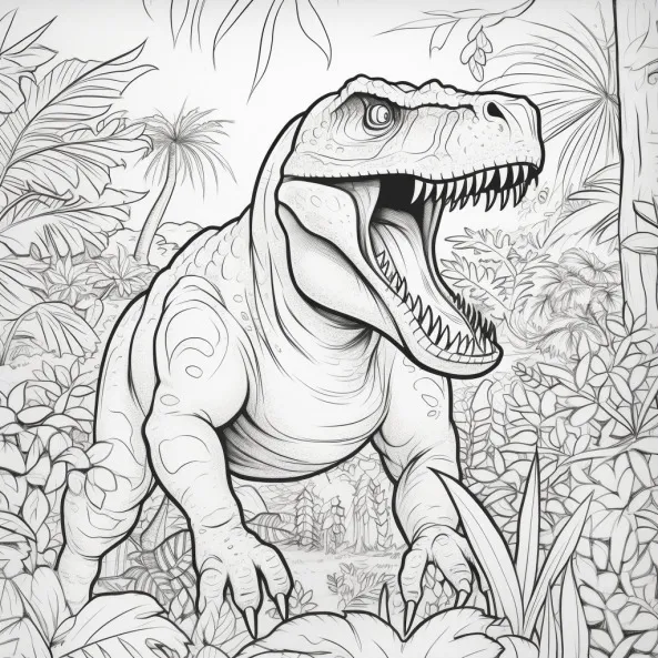 Tranh tô màu khủng long cho bé vẽ của một t-rex trong rừng với cây và hoa