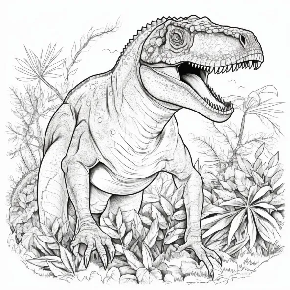 Tranh tô mau khủng long bay một bản vẽ đen trắng của t-rex đứng trên cỏ