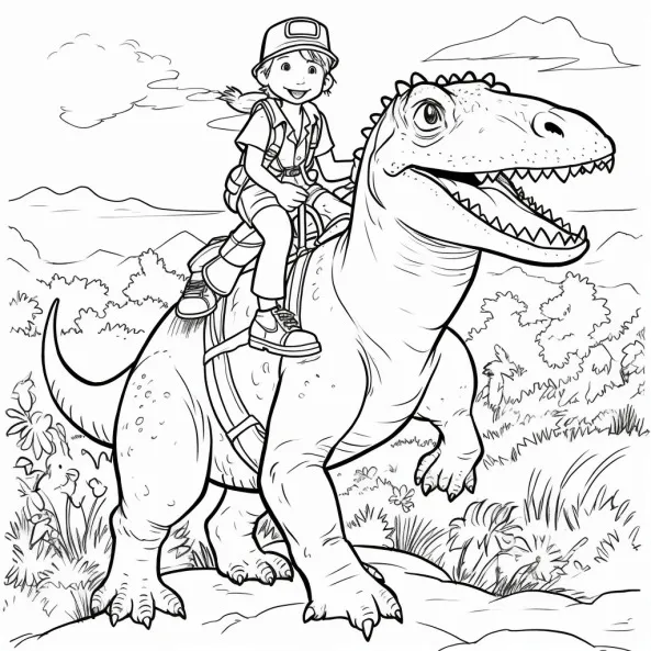 Tranh tô màu khủng long cho bé một cô gái cưỡi trang t-rex