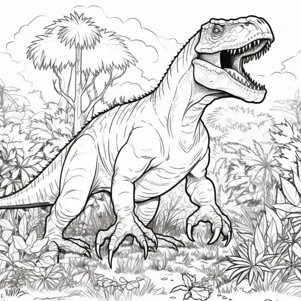 Tranh tô màu khủng long cute một bản vẽ của t-rex đi bộ qua rừng