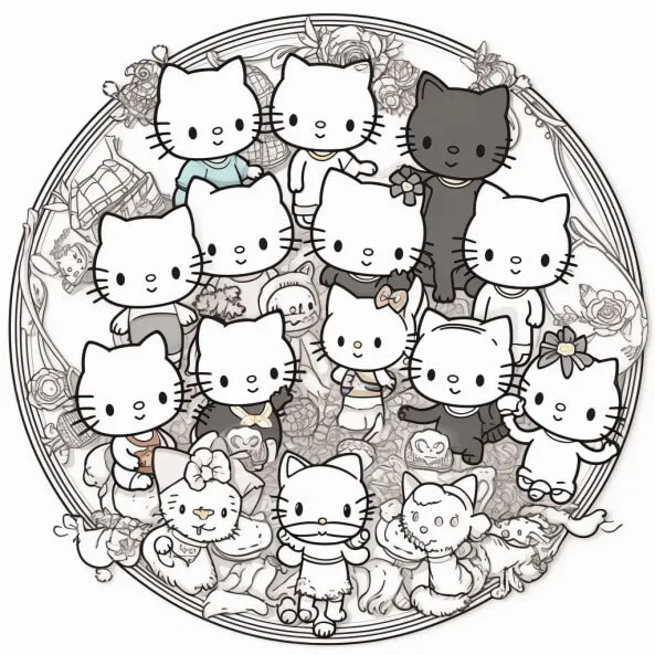 Tranh tô màu hello kitty có rất nhiều trang trong bức này