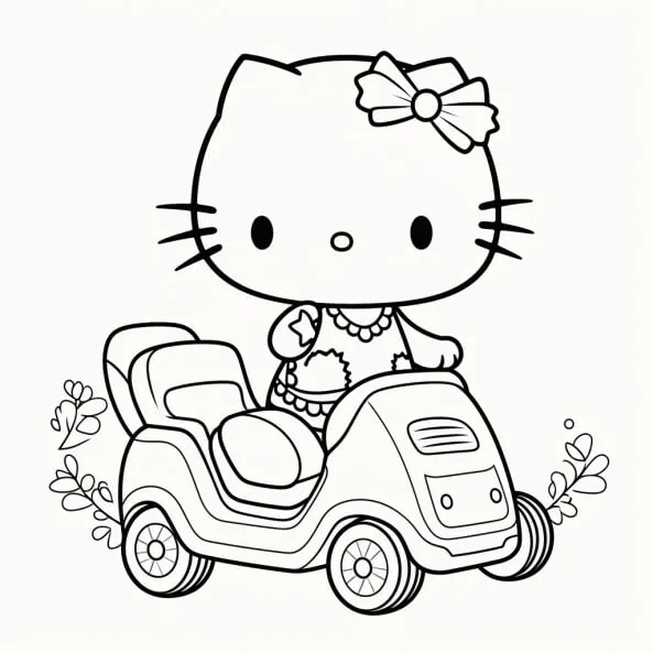 Tranh tô màu hello kitty cưỡi một trang xe đồ chơi