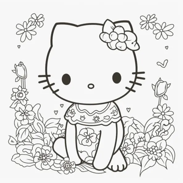 Tranh tô màu hello kitty một trang với hoa và bướm