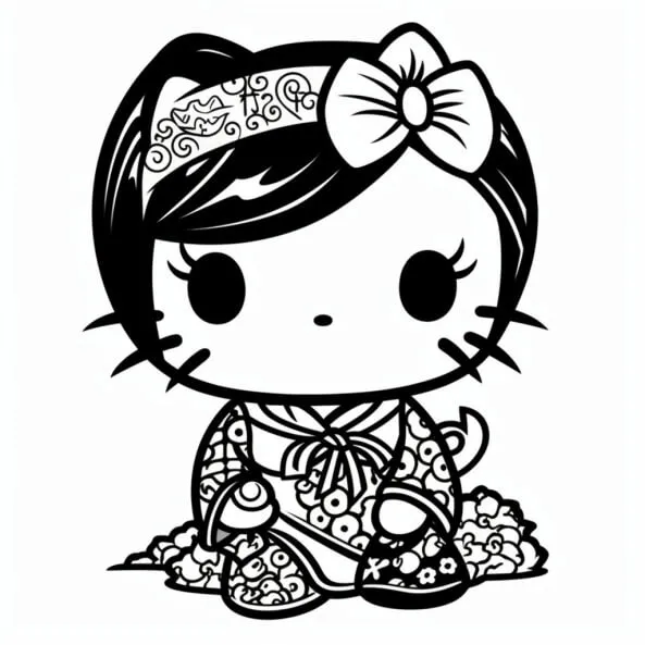 Tranh tô màu hello kitty trang