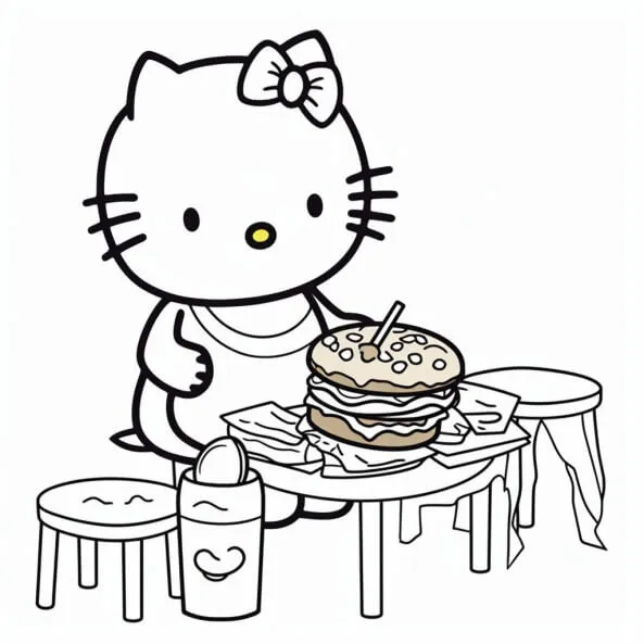 Tranh tô màu hello kitty ăn một chiếc bánh hamburger bàn với hai ghế