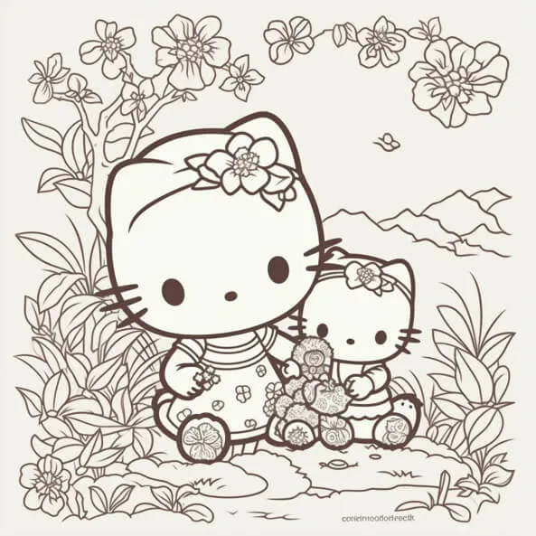 Tranh tô màu hello kitty có một và em bé của cô ấy ngồi trên cỏ