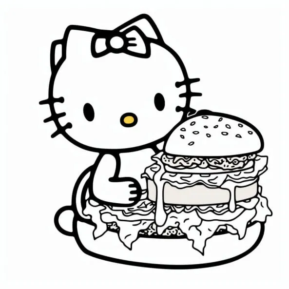 Tranh tô màu hello kitty một đang cầm chiếc bánh hamburger lớn trong tay