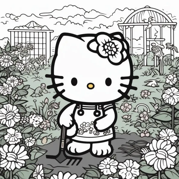 Tranh tô màu mèo hello kitty trong một khu vườn với hoa và ngôi nhà chim
