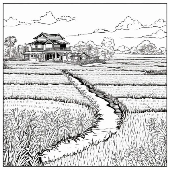 Tranh tô màu phong cảnh một bản vẽ của cánh đồng lúa với ngôi nhà trong nền