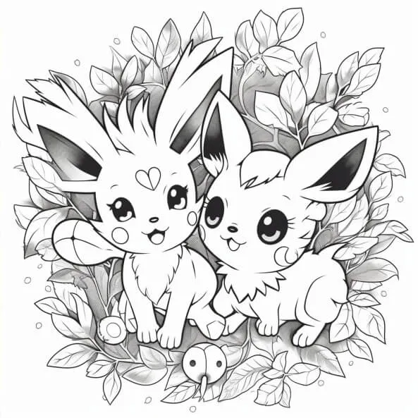 Tranh tô màu pokemon cho bé một bản vẽ của hai dễ thương đang ngồi trên lá