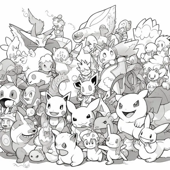 Tranh tô màu pokemon cho bé một bản vẽ đen trắng của loạt các ký tự