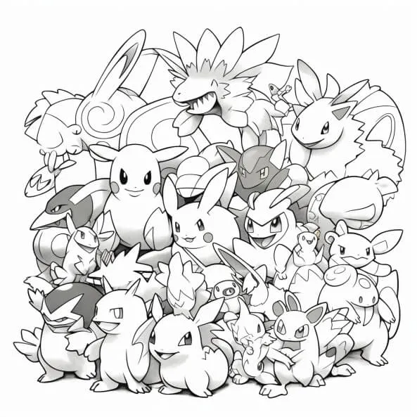 Tranh tô màu pokemon cute một nhóm lớn pokemons được tập hợp lại với nhau trong đống