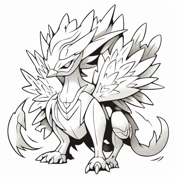 Tranh tô màu pokemon huyền thoại một bản vẽ đen và trắng của con rồng với đôi cánh