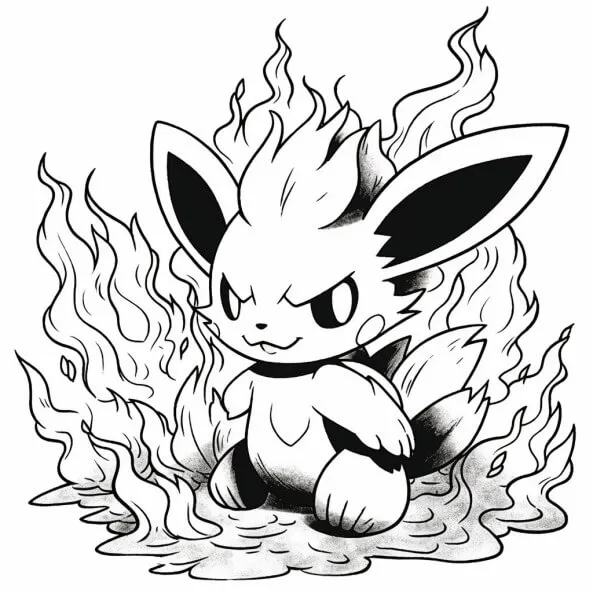 Tranh tô màu pokemon cho bé một bản vẽ đen trắng của nhỏ đang ngồi trên lửa