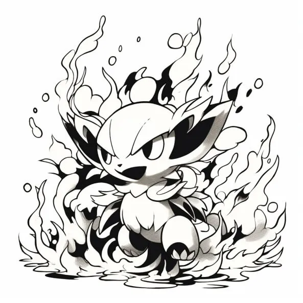 Tranh tô màu pokemon cho bé phác thảo của một nhân vật hoạt hình với ngọn lửa phát ra từ nó