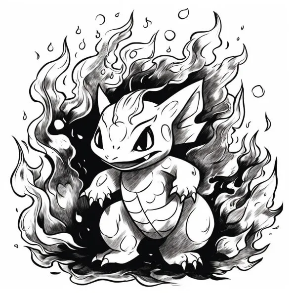 Tranh tô màu pokemon hệ lửa một bản vẽ đen trắng của nhân vật trong ngọn