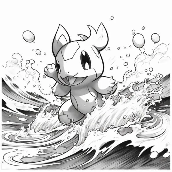 Tranh tô màu pokemon cho bé vẽ của một nhân vật hoạt hình cưỡi sóng trên ván lướt