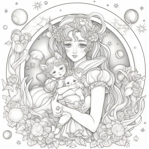 Tranh tô màu thủy thủ mặt trăng chibi một bản vẽ đen trắng của người phụ nữ đang cầm con mèo
