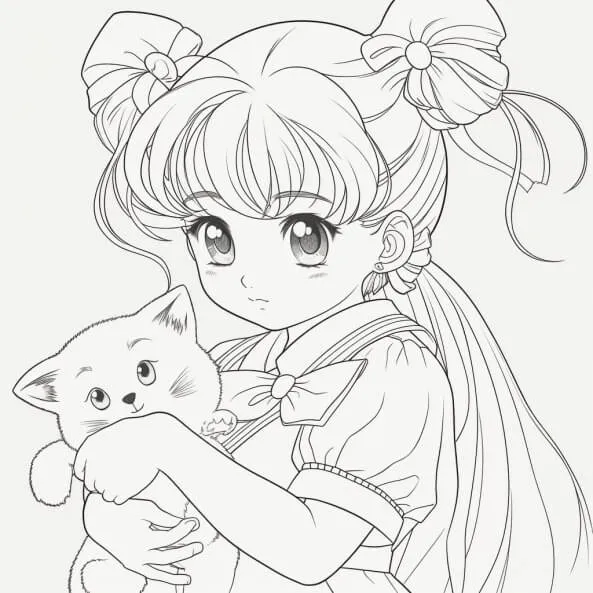Tranh tô màu thủy thủ mặt trăng pha lê anime girl ôm một chú mèo con trong vòng tay của mình