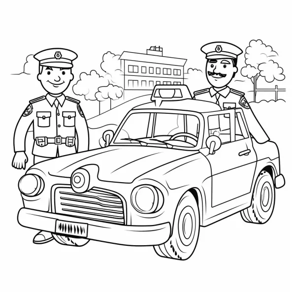 Tranh tô màu tải một trang với sĩ quan cảnh sát và chiếc xe hơi trước tòa nhà