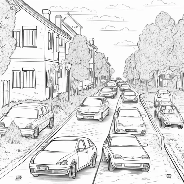 Tranh tô màu cho bé vẽ một con phố với những chiếc đậu hai bên đường