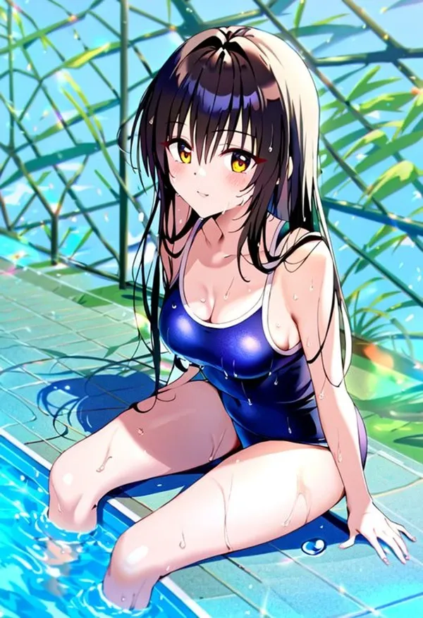 Ảnh yui kotegawa chibi một cô gái anime ngồi trên mép hồ bơi trong bộ đồ tắm