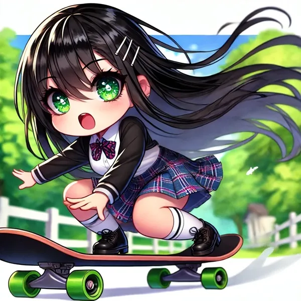 Yui kotegawa sexy cô gái anime trên ván trượt với đôi mắt xanh và mái tóc dài