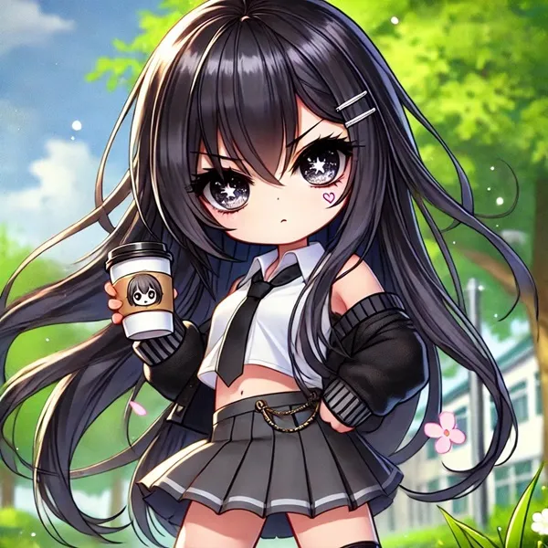 Yui kotegawa sexy cô gái anime với mái tóc đen dài cầm một tách cà phê